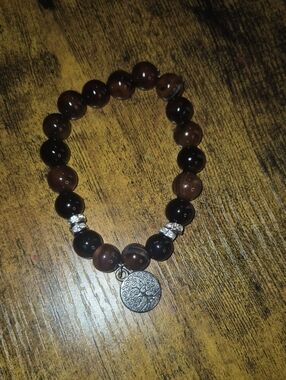 Vintage Beaded Stretch Small,Med,large Brown & Black Tree Of Life Charm Bracelet